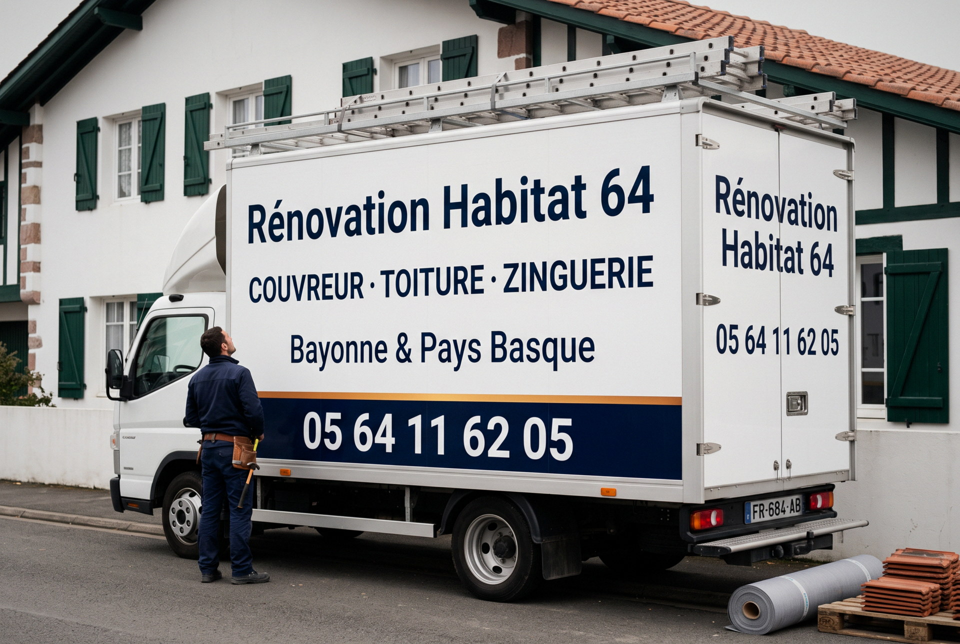 Le camion d'intervention de Rénovation Habitat 64, couvreur à Bayonne